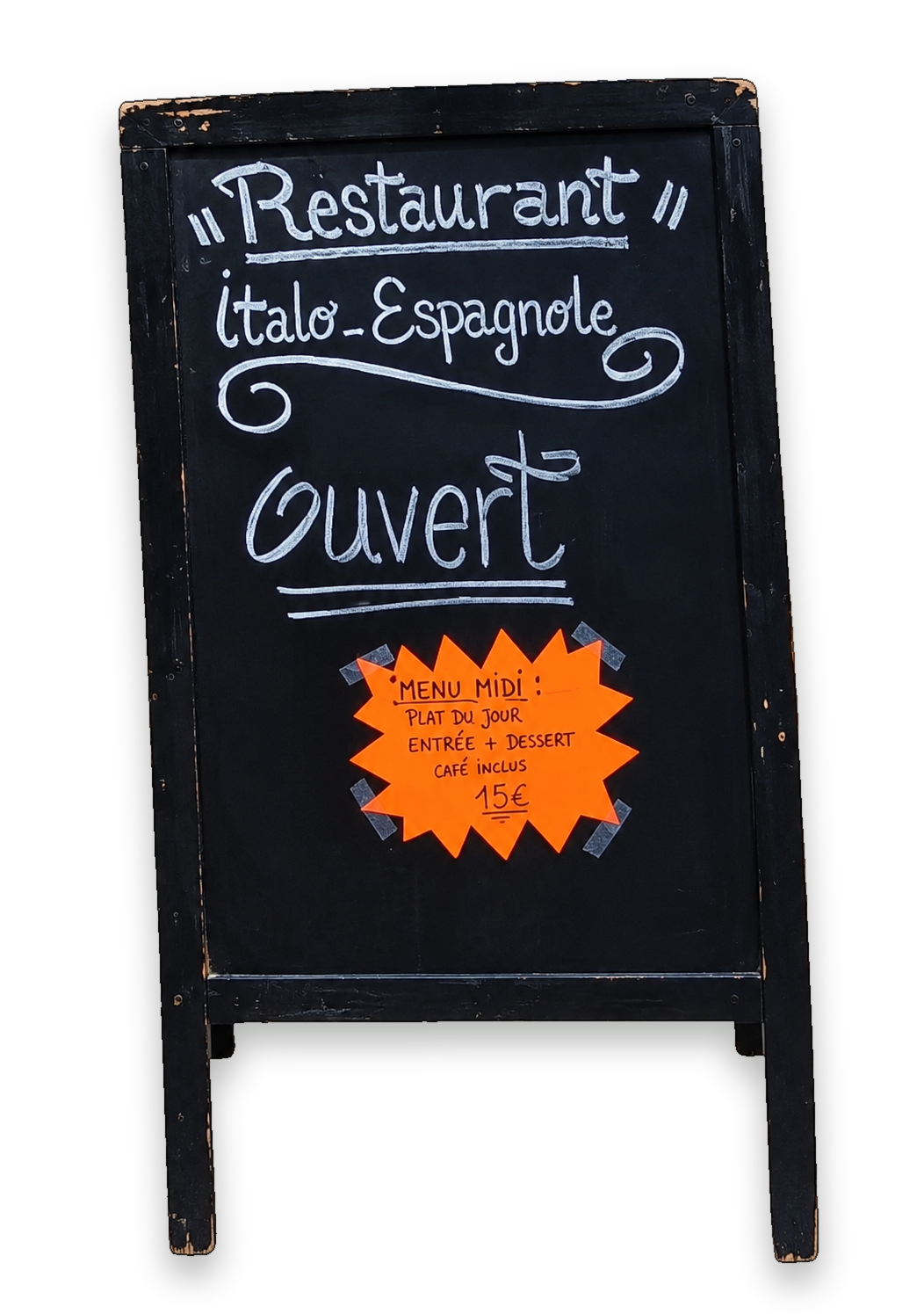 Ardoise de Tocino : italo-espagnol, ouvert, menu midi à 15 €